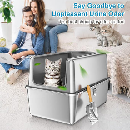 16'' High Sides XXXL All Stainless Steel Cat Litter Box with Lid,8'' Deep Metal Litter Box for Big Cats,Extra Large Litter Boxes with High Wall Enclosure,Anti-Leakage,Never Absorbs Odors,Non-Sticky