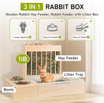3 in 1 Extra Large Rabbit Hay Feeder with Litter Box, Wooden Bunny Toilet, for Large and Medium-Sized Dwarf Rabbit, Guinea Pig, Chinchillas, Hamster, Ferret, Other Animals