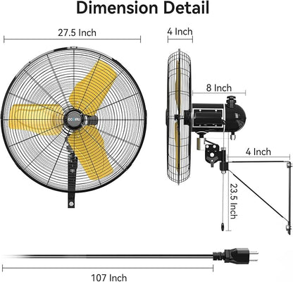 8800 CFM 24" Outdoor Commercial Wall Fan Oscillating, IP44 Waterproof Wall Mount Fan, Heavy Duty, 3 Speed, Adjustable Tilt for Factory, Warehouse, Garage, ETL Listed