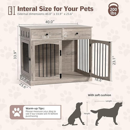 40 Inch Furniture-Style Dog Crate-Multipurpose Wood Pet Crate Furniture with Double Doors,2 Drawers, Decorative Dog House Indoor for Smal/Medium Dogs, Gray Finish