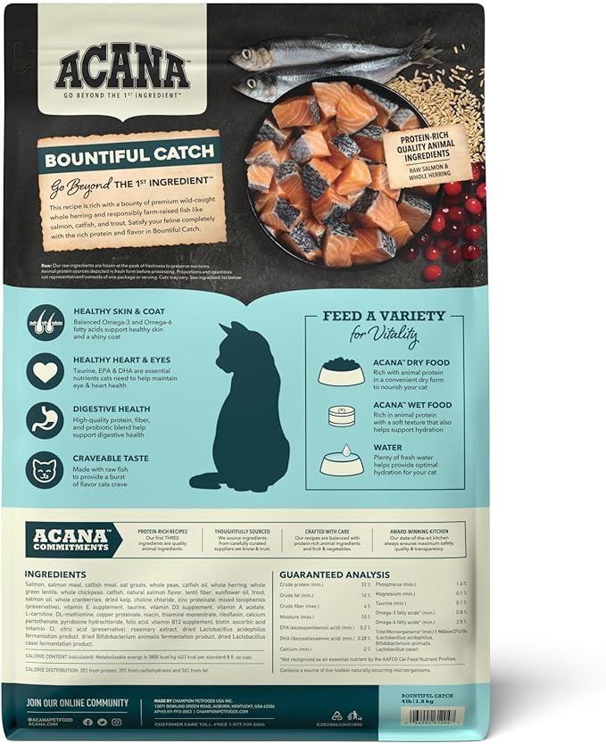 ACANA Dry Cat Food Bountiful Catch Salmon Catfish and Herring 4lb Bag