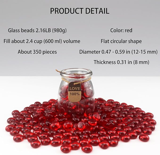 2.16LB Glass Beads Vase Filler Aquarium Gravel Decor Flat Glass Marbles Gems Pebbles Fish Tank Rocks Home Decorative Art Craft - Red