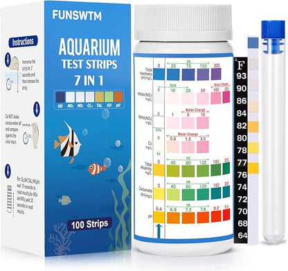 Aquarium Test Strips for Freshwater Fish: 7 in 1 Fish Tank Water Testing Kit for Aquarium Pond - Accurate Testing Nitrate Nitrite Hardness Free Chlorine pH Carbonate Total Alkalinity-100 Strips