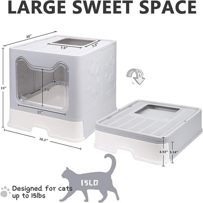 Foldable Cat Litter Box with Lid, Enclosed Potty, Large Top Entry Anti-Splashing Toilet, Easy to Clean Including Litter Scoop and 2-in-1 Cleaning Brush (Grey)