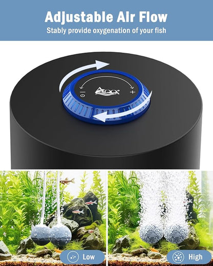 AQQA Aquarium Air Pump, Quiet Powerful Fish Tank Air Pump 3W/6W/10W with Stainless Steel Dual Outlet, Adjustable Oxygen Aerator Pump with Air Stone Bubbler for Fish Tank Up to 200 Gallon 6W (Tubby)