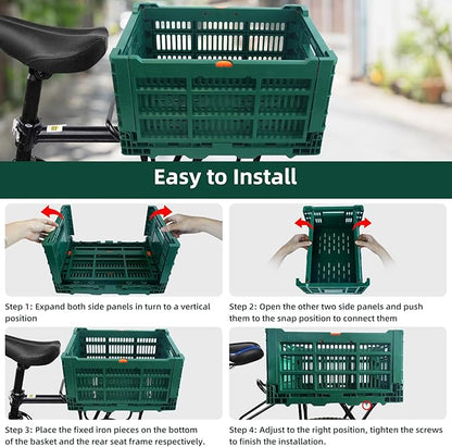 Foldable Large Green Plastic Bicycle Rear Basket with Cargo Net and Waterproof Cover Net for Shopping Outings, Pets, School, Picnics or Outdoor Activities, Easy to Install on Rack Mount