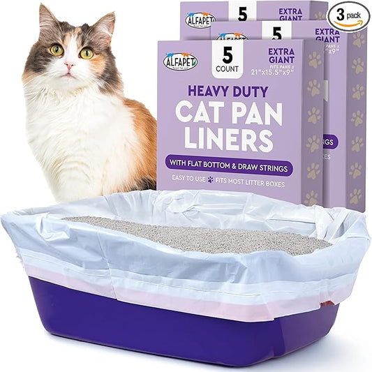 Alfapet Heavy Duty Flat Bottom Cat Litter Box Liners - Extra Giant 15 Count - Tear-Resistant Cat Litter Bags - Kitty Litter Liners for Rectangular Litterbox Pans, 36” x 18” x 2MIL Thick 30 lb Capacity