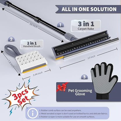 3 in 1 Carpet rake Kit for Pet Hair Removal Tool - Reusable Pet Hair Remover Broom w 58" Adjustable Long Handle, Dog & Cat Carpet Scraper, Pet Hair Remover for Rugs, Mats, Couch, Curtains(Gray)