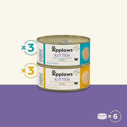 Applaws Natural Wet Kitten Food in Broth, Limited Ingredient, No Additives, Kitten Food Variety Pack in Broth (6 x 2.47oz Cans)
