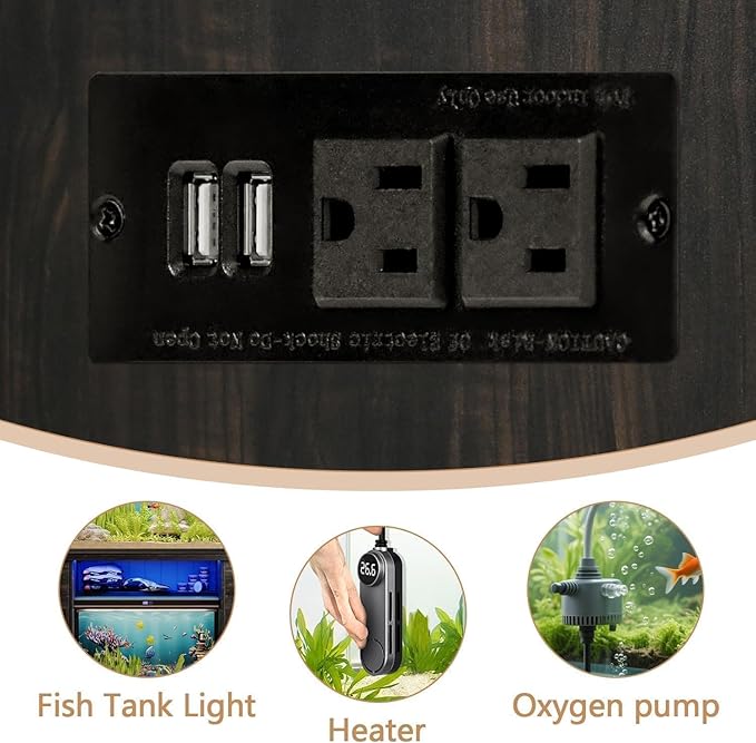 75 Gallon Fish Tank Stand with LED Light & Power Outlets, 55-75 Gallon Heavy Duty Metal Aquarium Stand with Drawers & Barn Doors, Cabinet for 2 Fish Tank Accessories Storage, Dark Oak