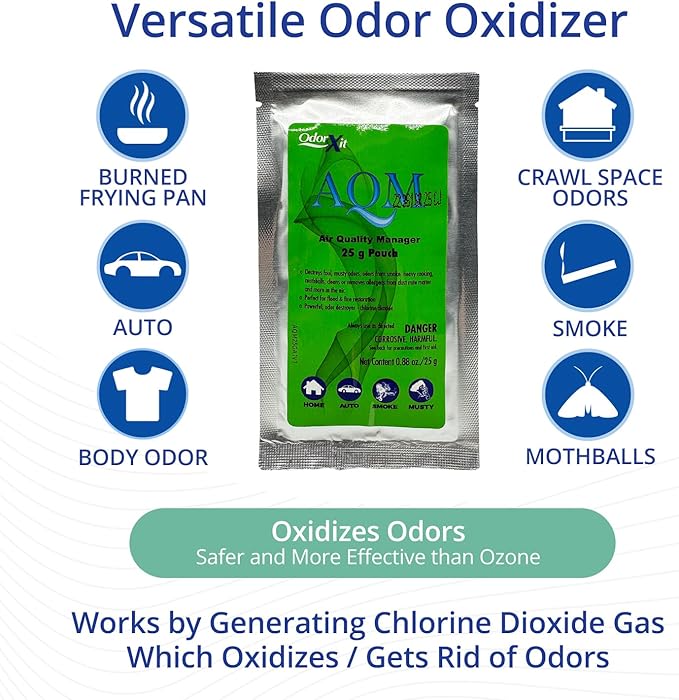 AQM by OdorXit, Air Quality Manager Chlorine Dioxide Odor Removal Packet, Dog Odor Eliminators for Hom, Wet Dog Smell & Car Deodorizer, Cigarette & Strong Smell Neutralizer, 25g