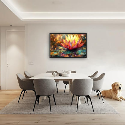 Framed Large Lotus Wall Art for Living Room, Oversized Lotus Flower Wall Decor Zen Golden Floral Canvas Painting Modern Artwork Home Decoration for Living Room Bedroom Office 36"x24"