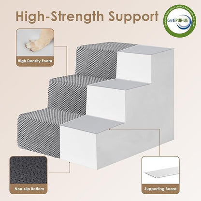 EHEYCIGA Dog Stairs for Small Dogs 16.5" H, 3-Step Extra Wide Dog Steps for Couch Sofa and Chair, Pet Steps for Medium Cats, Non-Slip Balanced Pet Ramp Indoor, Grey