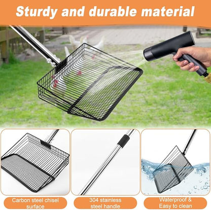 10inch Chicken Poop Scooper, Chicken Coop Scoop for Poop, 4 Sections Extended with 22 to 77inch Stainless Steel Adjustable Handle, Litter Scooper Sifting Shovel