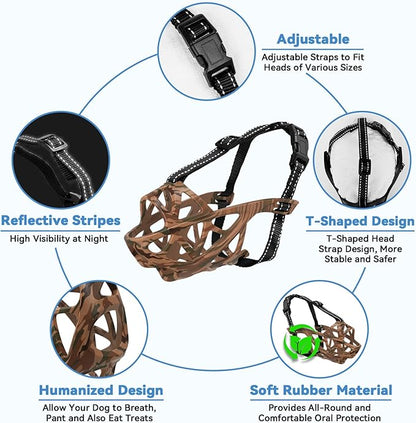 Dog Muzzle for Large Dogs, Breathable Basket Muzzles for Small, Medium and X-Large Aggressive Dog, Allows Panting Drinking, Suitable for Grooming Trimming Training (Camouflage Brown, M)