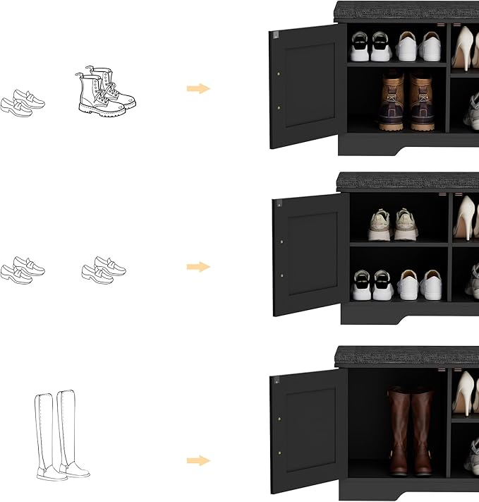 2-Tier Storage Bench, Shoe Bench with Padded Seat Cushion, Entryway Bench with 2 Barn Doors, Adjustable Shelf, 13.8" D x 27.6" W x 17.7" H, for Entryway, Living Room, Bedroom, Black