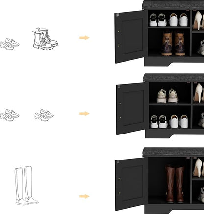 2-Tier Storage Bench, Shoe Bench with Padded Seat Cushion, Entryway Bench with 2 Barn Doors, Adjustable Shelf, 13.8" D x 27.6" W x 17.7" H, for Entryway, Living Room, Bedroom, Black