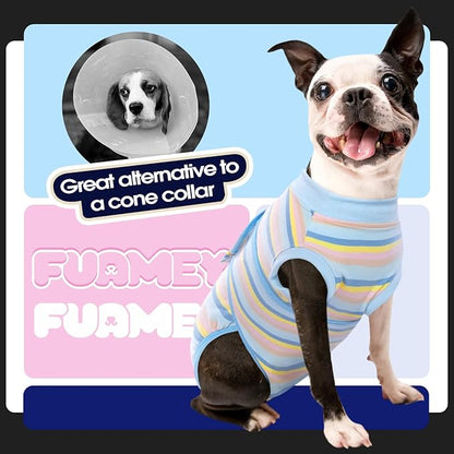 FUAMEY Recovery Suit for Dogs After Surgery,Soft Breathable Dog Bodysuit E-Collar & Cone Alternative Surgical Suit,Male Female Dog Neuter Spay Suits Anti Licking Wounds Onesie Blue Yellow Stripes XXL