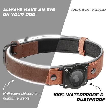 AirTag Dog Collar - Leather Dog Collar with Air Tag Holder | IPX8 Waterproof, Reflective, High - End, Adjustable Soft Padded | Dog GPS Tracker Collars Fit for Medium Large Dogs (Mahogany Brown, XL)