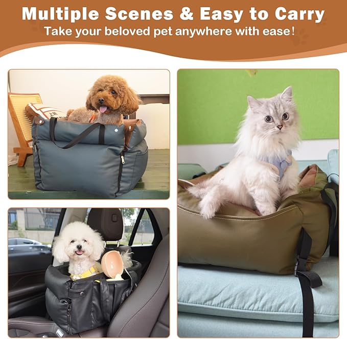2 and 1 Center Console Dog Car Seat & Carrier for Small Dogs, Large Leather Dog Car Bed with Storage Pocket, Waterproof PVC Leather Seat Travel Bed for Front & Back Seat, Clip-On Safety Leash