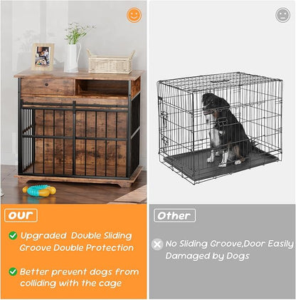 35.5" Dog Crate Furniture, Wooden Dog Crate Furniture for Medium Small Dogs, Wooden Dog Kennel End Table with Drawer and Open Shelves, Sliding Door Dog Kennel Furniture