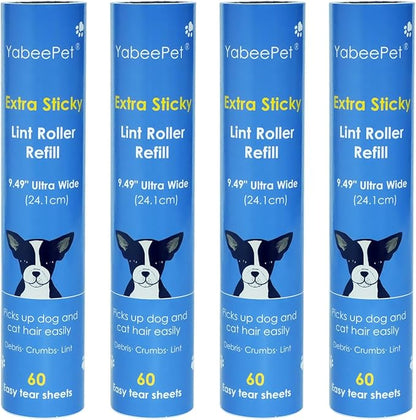 9.49'' Extra Sticky Large Lint Roller Refills, 4-Pack Giant Roller Refills for Carpets, Couch, Floor, Clothing, and Pet Hair Cleaning, 60 Sheets per Roll (240 Sheets Total)