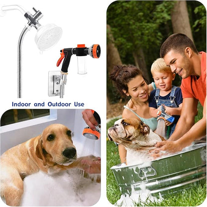 Dog Shower Attachment Water Hose Nozzle Sprayer Set with Metal 3-Way Shower Diverter & 6.6 Ft Long Hose for Bathroom Shower Arm Easy Indoor Outdoor Pet Pup Dog Washing Hose attachment