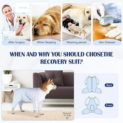 Dog Recovery Suit, Abdominal Wound After Surgery Wear, Anti Licking Bodysuit with Snaps, E-Collar & Cone Alternatives, Long Sleeve Dog Spay Surgical Onesie Prevent Shedding(XL, Blue)