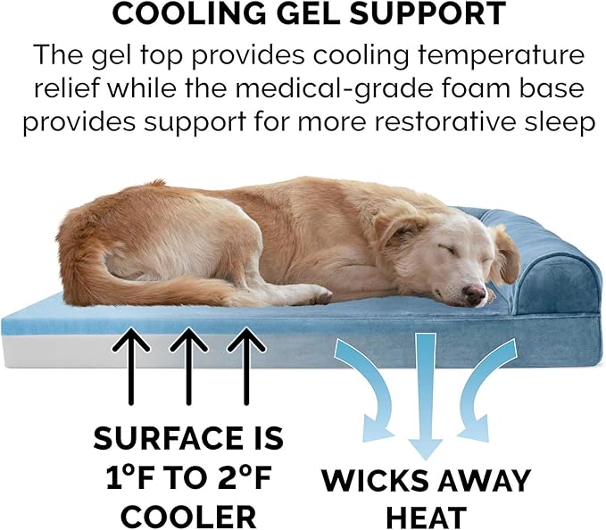 Furhaven Cooling Gel Dog Bed for Medium/Small Dogs w/ Removable Bolsters & Washable Cover, For Dogs Up to 35 lbs - Faux Fur & Velvet Sofa - Harbor Blue, Medium