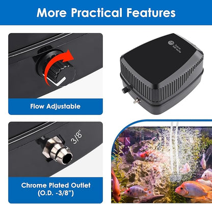 AquaMiracle All-in-One Koi Pond Aerator for Outdoor Ponds up to 1500 Gallons, Pond Air Pump Pond Aeration System with 2-Outlet Manifold Airline Tubing Air Stones Check Valves