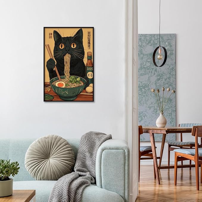 Japanese Cat Canvas Wall Art Funny Black Cat Posters Vintage Cute Cat Eating Ramen Noodles Print Kawaii Animal Food Kitchen Art Painting For Dining Living Room Bedroom Decor 12x16in Black Framed