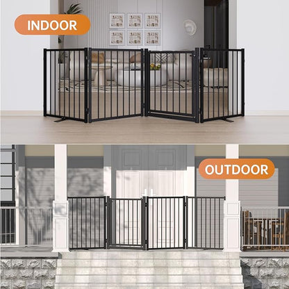 Full Metal Freestanding Dog Gate with Door, 24'' Height Foldable Pet Dog Fence for Indoor & Outdoor, 4 Panels Extra Wide Free Standing SmallDog Gates for Doorways,House,Stairs,Porch,Deck,Yard