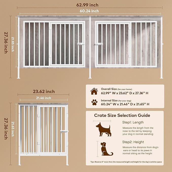 63 Inch Dog Cage Furniture for 2 Large/Medium Dogs with Removable Divider, Extra Large Double Doors Dog Kennel, XXL Thick Wooden Dog cage Furniture, Durable and Sturdy, Beige