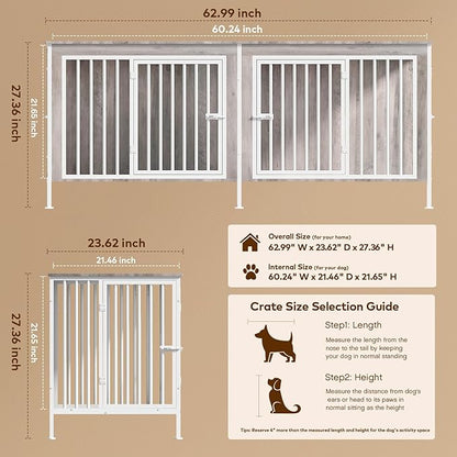 63 Inch Dog Cage Furniture for 2 Large/Medium Dogs with Removable Divider, Extra Large Double Doors Dog Kennel, XXL Thick Wooden Dog cage Furniture, Durable and Sturdy, Beige