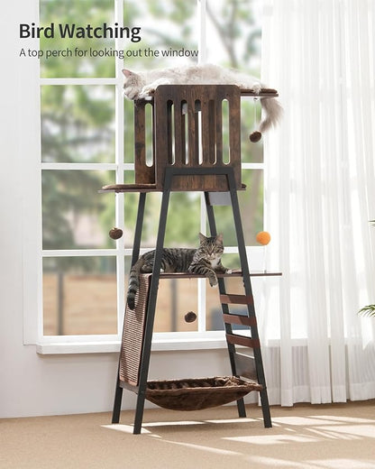 FourFurPets Modern Cat Tree, 58-Inch Cat Tower for Large Cats, Maine Coon Cat Tree with Scratching Board, Large Perch, Hammock and Removable Pads, Rustic Brown