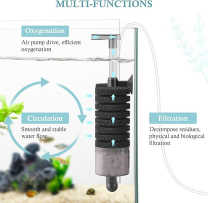 Air Powered Aquarium Sponge Filter with Biochemical Sponge and Ceramic Balls, Quiet Submersible Fish Tank Filter for 15-40Gallon （L-8.7in）