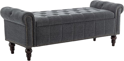 58’’ Storage Bench for Bedroom, Upholstered Button-Tufted Ottoman with Solid Wood Legs, Large End of Bed Shoe Cabinet, Window Seat Foot Rest Stool for Entryway, Closet, and Living Room (Dimgray)