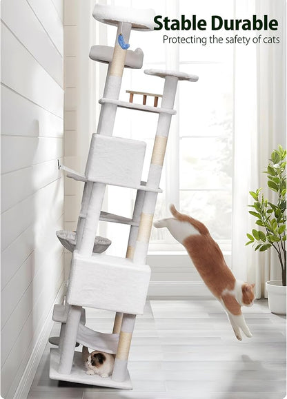 85in Tall Cat Tower for Heavy Duty Big Cats, Large Cat Tree with Scratching Post, Plush Perches, Cozy Cat Condos & Hanging Hammocks for Maine Coon, White