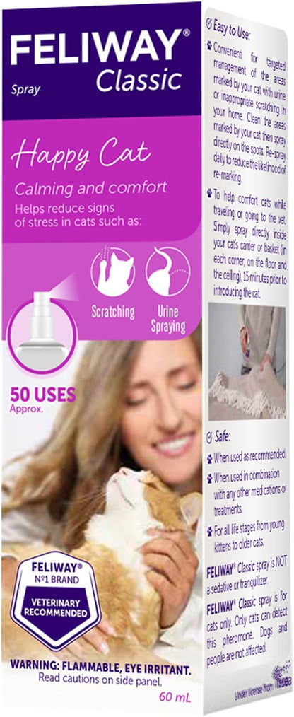 FELIWAY® Classic Cat Calming Spray, 60ml - Comforts Cats at Home and On the Go and Helps to Calm During Travel