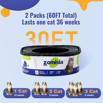 2 Pack Cat Litter Refill Bags, Non-See-Through Jumbo 60FT Cartridge Refill Total Up to 36 Weeks (Over 8 Months) Per Cat for Odor Control, Compatible with Genie Standard, Plus, Style