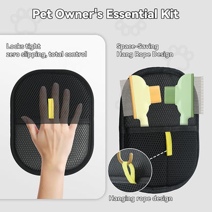 2 Pet Hair Removal Gloves, 2 Flea Combs for Cats and Dog，Reusable Electrostatic Gloves and Long & Short Flea Combs, 4 PCS pet hair removal tools