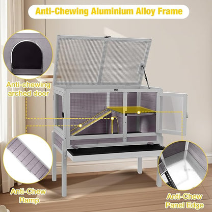 Aivituvin 2-Story Rabbit Hutch with Anti-Chew Ramp & Zinc Sheet - 36.6" Indoor Guinea Pig Cage, Wooden Stand, Pull-Out Tray & Leakproof Floor (Grey)