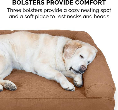 Furhaven Cooling Gel Dog Bed for Large Dogs w/ Removable Bolsters & Washable Cover, For Dogs Up to 125 lbs - Quilted Sofa - Toasted Brown, Jumbo Plus/XXL
