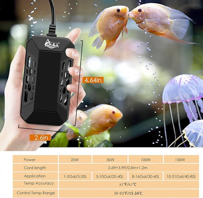 AQQA Aquarium Submersible Heater for Fish Tank,LED Temperature Display and Built-in Thermometer,External Controller Temperature Control Range 59℉-93℉,Safety Control Protects 50W
