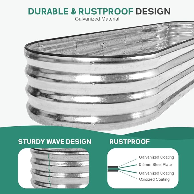 Galvanized Raised Garden Bed - 8×2×1ft Planter Raised Beds for Gardening | Oval Metal Garden Planter Box with Safety Edging and Bracing Rods for Vegetables Fruits and Flowers - Silver