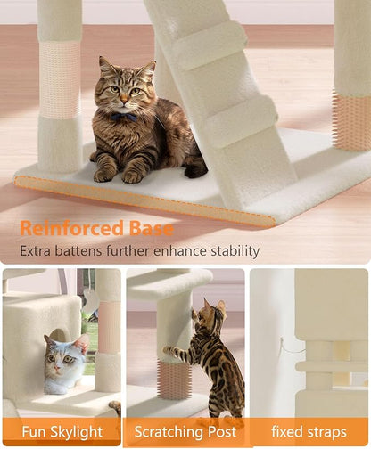 77'' Cat Tree Tower for Indoor Cats Large Adult, Cute/Tall Modern Cat Tree for Big Cats 20 lbs, Plush Multi-Level Cat Condo with Scratching Posts, Dangling Ball for Fun Play (Beige, 77 inch)