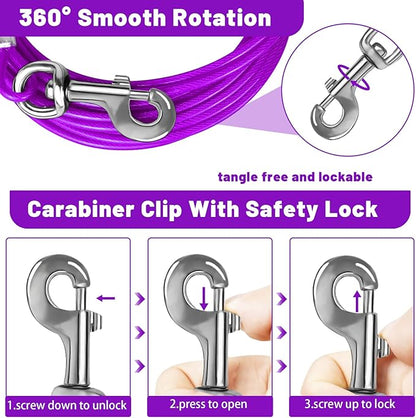 Dog Tie Out Cable 10/15/20/25/30 FT Runner for Yard Steel Wire Cable with Durable Superior Clips Purple Chains for Outside Dog Lead for Large Up to 165 Lbs