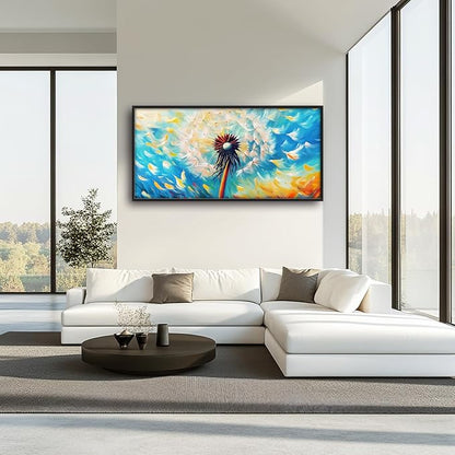 Extra Large Abstract Dandelion Framed Wall Art for Living Room,Oversized Colorful Dandelion Flower Pictures Wall Decor,Blue Canvas Print Painting Modern Artwork Bedroom Office Bathroom 60L" x 30W"