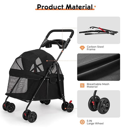 Foldable Pet Stroller for Small/Medium Pets up to 22 lbs - Lightweight 4-Wheel Design with Sun Canopy, Storage Bag & Breathable Mesh