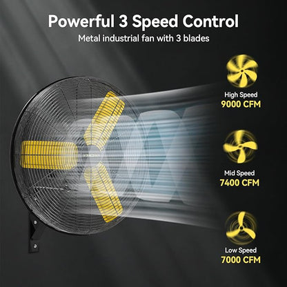 24 Inch Industrial Wall Fan Oscillating, 7800 CFM Commercial Metal Wall Mount Fans with Poweful Motor, 3 Speed, Heavy Duty Indoor for Warehouse, Workshops, and Garage, UL Listed